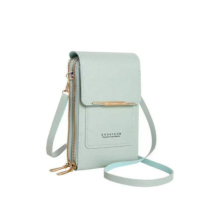Mint green Small Bag for Females with Transparent Touch Screen Area with gold accents on a white background