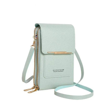 Green Small Bag for Females with Transparent Touch Screen Area with gold accents on a white background