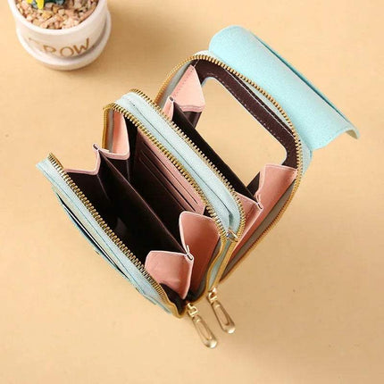 Open Small Bag for Females with Transparent Touch Screen Area with pink and green sections on a beige background