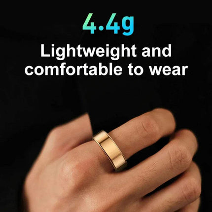 Gold Smart Ring on a hand with text '4.4g Lightweight and comfortable to wear' on a black background. Astoria Lifestyle