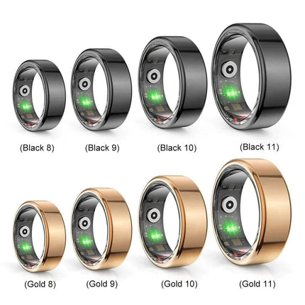 Set of Smart Ring in black and gold with green light indicators on a white background.