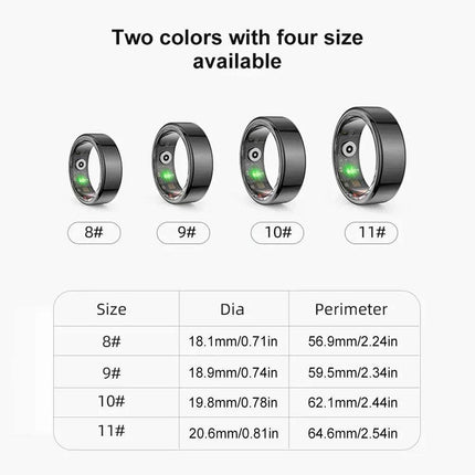 Smart ring with color options and size chart on a white background. Astoria Lifestyle