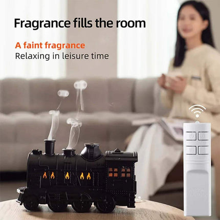 Train Air Humidifier with steam and a woman relaxing in the background