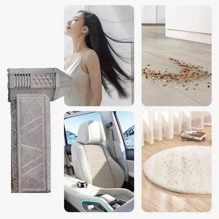 Collage of Turbo Jet Blower images including a woman with long hair, a stone column, a car interior, and a room.