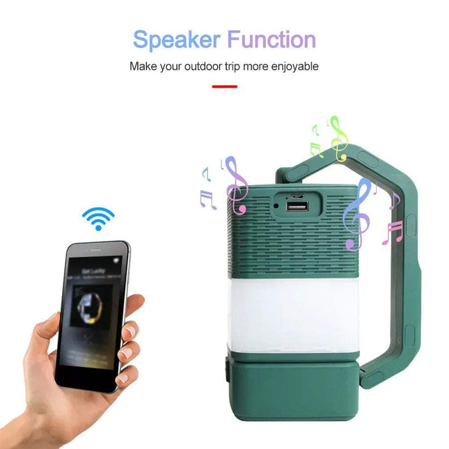 Green USB LED Camping Night Light with speaker function and smartphone connection on a white background - Astoria Lifestyle