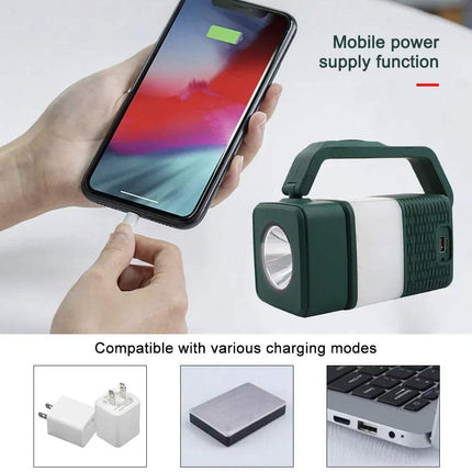 Hand holding a smartphone charging from a USB LED Camping Night Light with text indicating compatibility and features. - Astoria Lifestyle