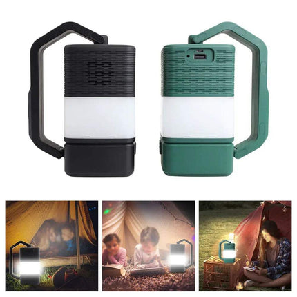Two USB LED Camping Night Light with handles, one black and one green, shown with usage scenarios in a tent. - Astoria Lifestyle