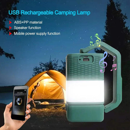 USB LED Camping Night Light with speaker function in front of a tent at night. - Astoria Lifestyle
