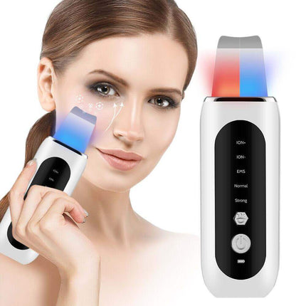 Woman using an Ultrasonic Face Skin Scrubber EMS for Deep Cleansing & Lifting with a close-up of the device on a white background