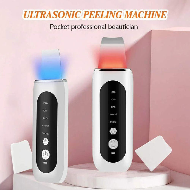 Two Ultrasonic Face Skin Scrubber EMS on a pink background with text indicating their use.