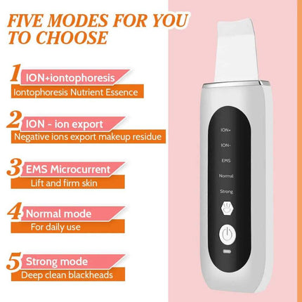 Ultrasonic Face Skin Scrubber EMS with five modes for skincare on a pink background