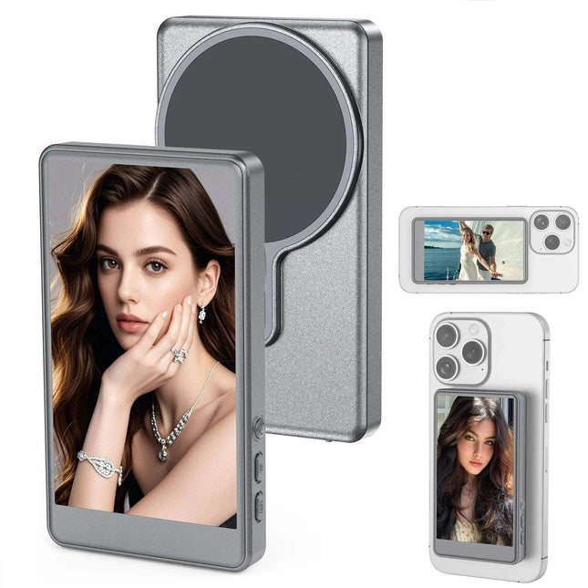 Vlog Selfie Monitor for iPhone showing different angles and a model demonstrating its use with portraits.