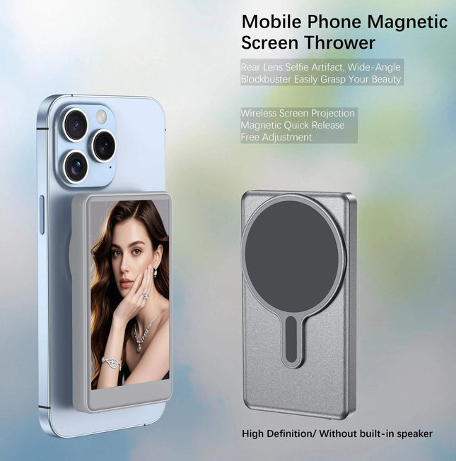 Vlog Selfie Monitor for iPhone showcasing compact, wireless design with a high-definition mirror for creators.