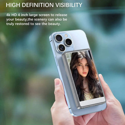 Vlog Selfie Monitor attached to iPhone displaying a woman's portrait, showcasing high-definition visibility.