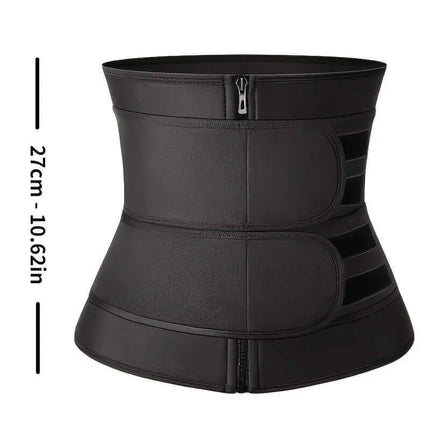 Waist Belt Body Shaper in black with measurement details on a white background
