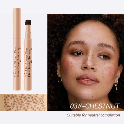 Waterproof Freckle Pen with a model wearing it, labeled '03# Chestnut'.