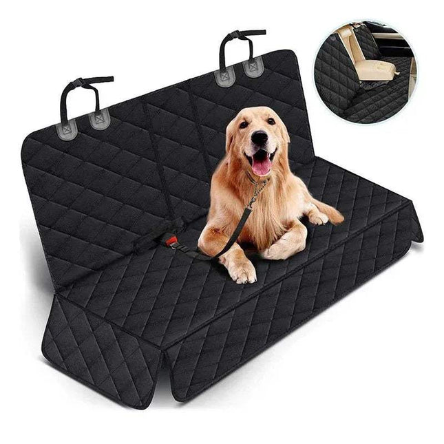 Black Waterproof & Resistant Car Pet Mat for Seats & Trunks with a happy golden retriever comfortably seated.