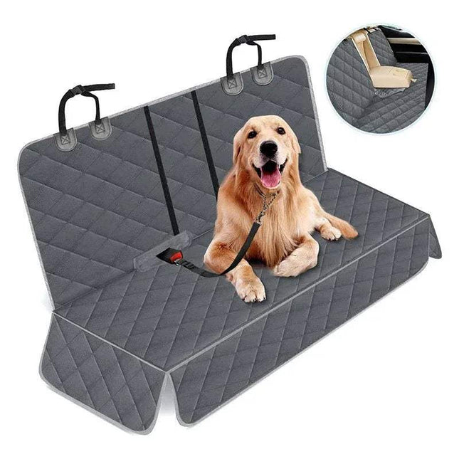 Gray Waterproof & Resistant Car Pet Mat for Seats & Trunks featuring a happy dog on a protective mat.