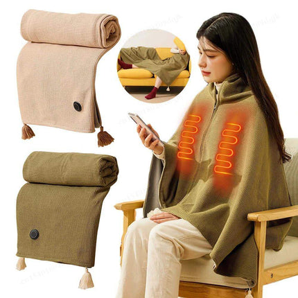 Woman using a Wearable Electric Heating Blanket for Cozy Warmth Anywhere with visible heating elements, surrounded by folded ponchos in different colors.