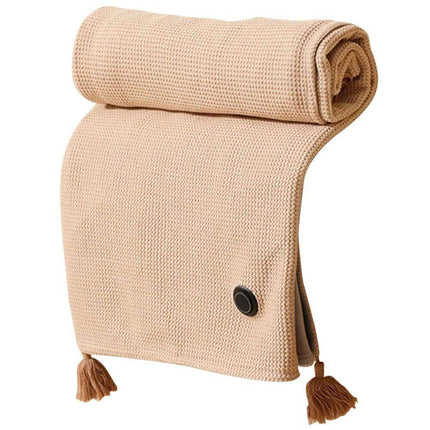 Pink Wearable Electric Heating Blanket with tassels on a white background