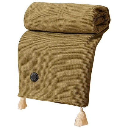 Folded brown Wearable Electric Heating Blanket with tassels on a white background