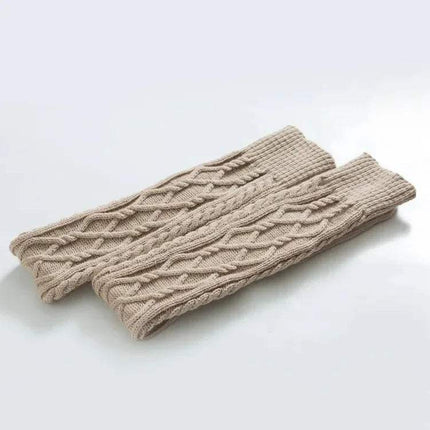 Pair of beige (khaki) knitted Winter Wool Over Knee Socks on a light gray background