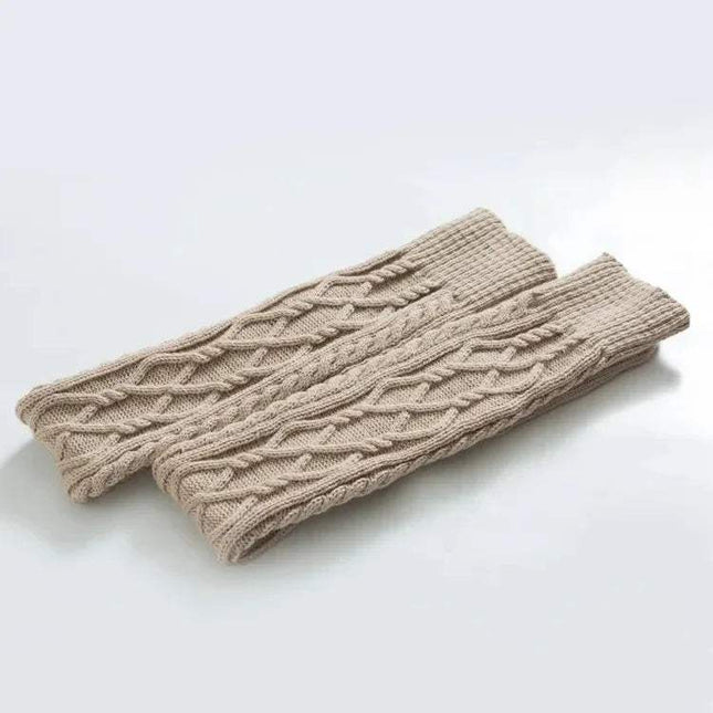 Pair of beige (khaki) knitted Winter Wool Over Knee Socks on a light gray background