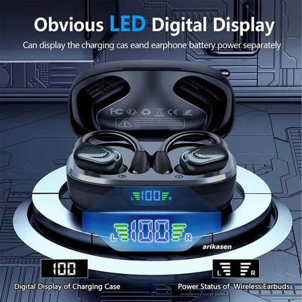 Wireless Bluetooth 5.3 Sport Earbuds with digital display showing charging case and earbud battery power on a futuristic background.