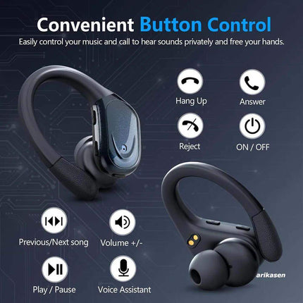 Wireless Bluetooth 5.3 Sport Earbuds with control buttons on a dark background