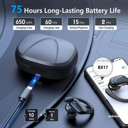 Wireless Bluetooth 5.3 Sport Earbuds with charging case and smartphone displaying battery life on a blue background