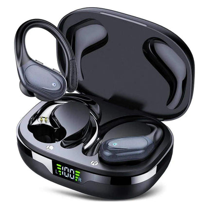 Wireless Bluetooth 5.3 Sport Earbuds Black wireless earbuds with charging case on a white background