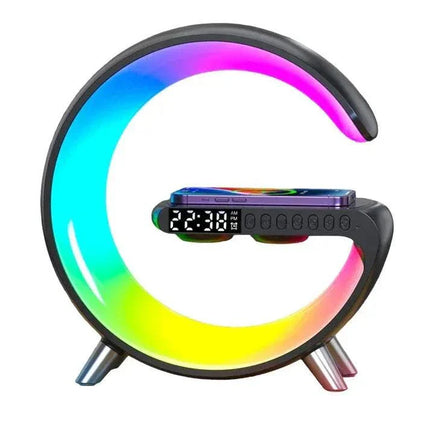Wireless Charging Bluetooth Lamp Colorful crescent moon-shaped clock with digital display on a white background. Astoria Lifestyle