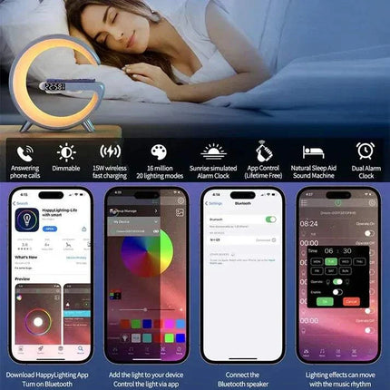 Wireless Charging Bluetooth Lamp Smart night light with smartphone app interface and features displayed. Astoria Lifestyle
