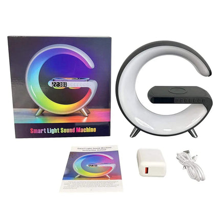 Wireless Charging Bluetooth Lamp Smart light sound machine with packaging, power adapter, and cable on a white background. Astoria Lifestyle