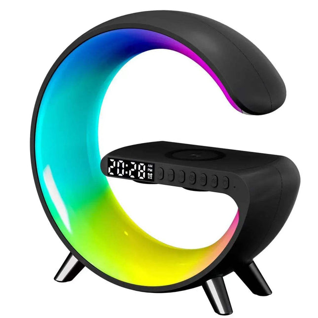 Black Wireless Charging Bluetooth Lamp Smart with digital clock on a white background. Astoria Lifestyle