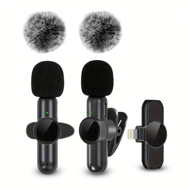 Wireless Lavalier Microphone. Two microphones with windshields and a smartphone clip on a white background