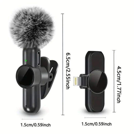 Wireless Lavalier Microphone with dimensions on a white background