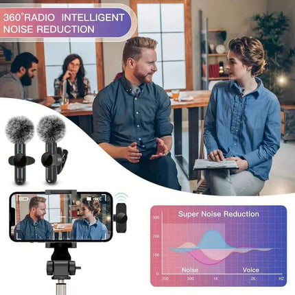 Wireless Lavalier Microphone. Two people in a room with a smartphone showing a video call, microphones, and a noise reduction chart.