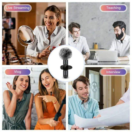 Wireless Lavalier Microphone. Collage of people in various settings with a microphone in the center.