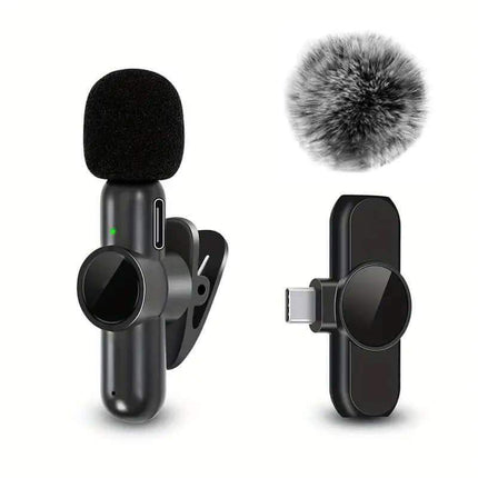 Wireless Lavalier Microphone with clip and pop filter on a white background