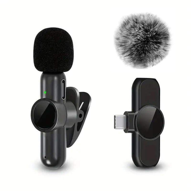 Wireless Lavalier Microphone with clip and pop filter on a white background