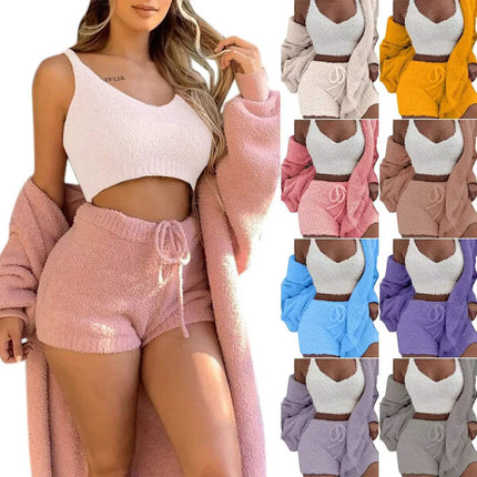 Woman wearing a pink Womens Comfortable Knit Pajama Set with multiple color options displayed below.