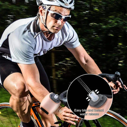 Wrist Water Bottle. Cyclist using a water bottle with an inset showing the water release mechanism.