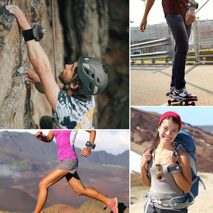 Wrist Water Bottle. Collage of people engaging in outdoor activities including climbing, skateboarding, running, and hiking.