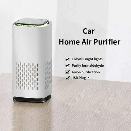 White Xiaomi Air Purifier for Car & Home on a light wooden surface with text highlighting features.