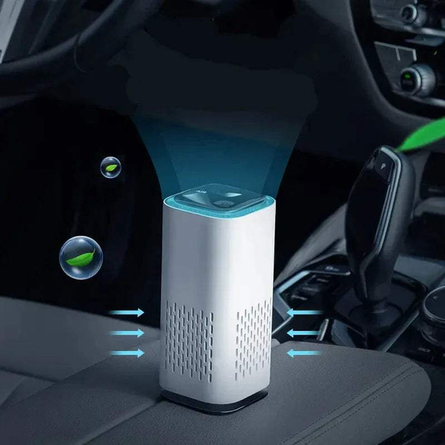Xiaomi Air Purifier on a car dashboard with illustrated air circulation.