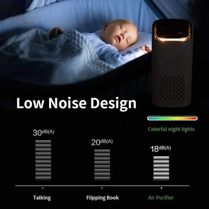 Baby lying in bed with a Xiaomi Air Purifier, showing noise levels and color options.