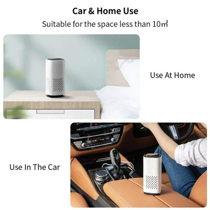 Xiaomi Air Purifier shown in a bedroom and car interior with text indicating use at home and in the car.