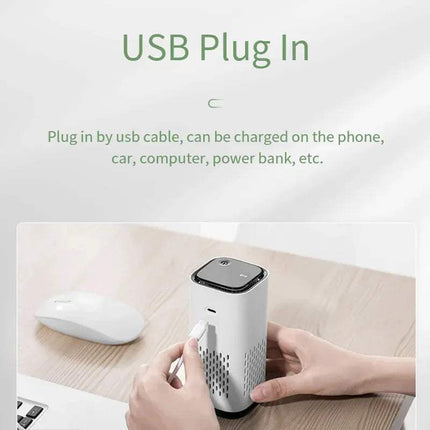 Xiaomi Air Purifier  being plugged into a USB port with text about USB charging options.