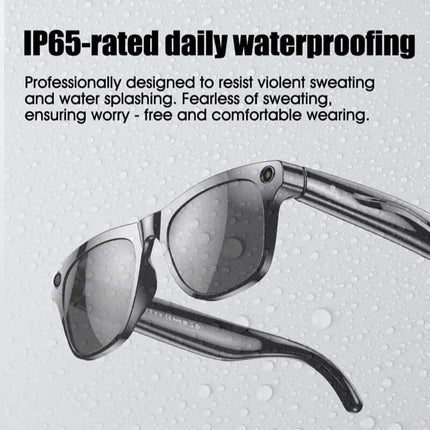 AI Smart Glasses. Sunglasses with water droplets on a gray background, featuring text about IP65 rating. Astoria Lifestyle